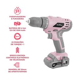 Parafusadeira Rosa Britânia 15 acessórios 2 em 1 BPFE12R